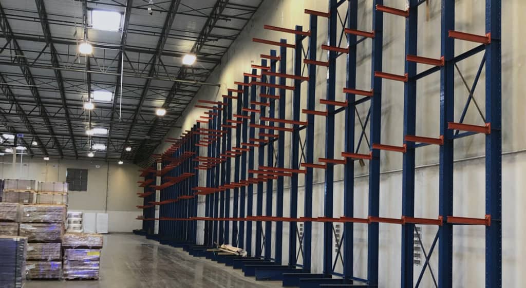 Single-sided cantilever rack in warehouse